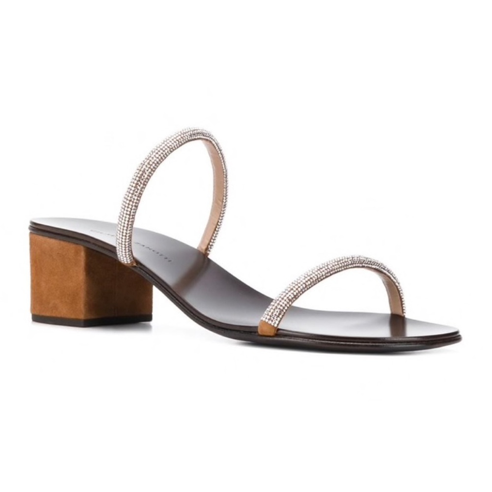 Giuseppe Zanotti Suede Rhinestone Minimalist Mule Sandal Heels Brown 40 - Picture 2 of 14